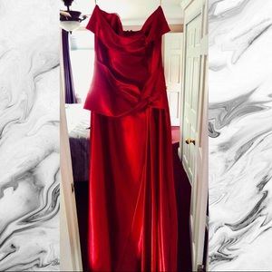 Silky red strapless prom dress